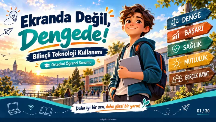 Bilinçli Teknoloji Kullanımı Sunumu – Ekranda Değil, Dengede! (30 Slayt) kapak görseli